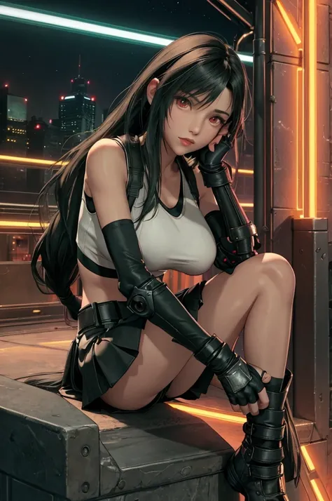 Tifa Lockhart, Final Fantasy VII,,Ankle boots, Black Hair, black skirt, black knee socks, Big Breasts, Cityscape, Crop top, Elbow Gloves, Elbow pads, fingerless gloves, whole body, Headrest, Small face,8 heads,Clear red eyes,lips,View your viewers, low-tie...