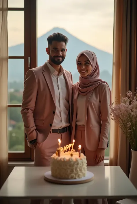 Professional photography, masterpiece, ultra realistic, romantic couple celebrating happy birthday for a woman, handsome confident Malay man with an attractive body and a slight smile, both wearing trendy casual pastel suits and long trousers, confident be...