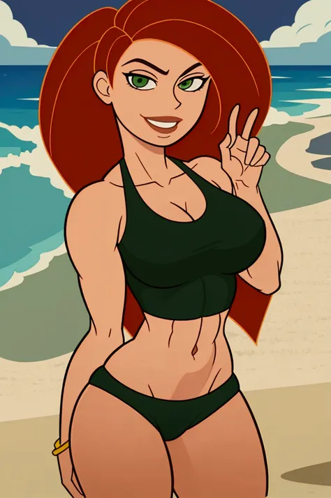 Tall and beautiful Kim Possible,very confident smile,big breasts,big and slightly thick muscular body,big biceps,wide shoulders,pecs,abs,slim waist,thick and very muscular legs, standing on the beach,green bra and thong with sunglasses