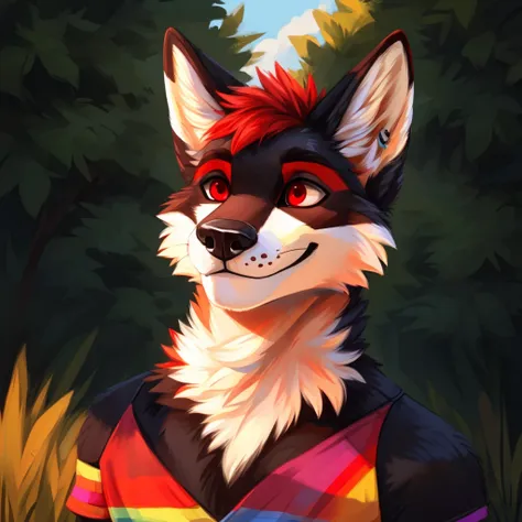 An anthropomorphic, black fox, closed smile, red eyes, red short hair, seven rainbow colored piercings on his right ear, summer-casual clothes, high quality furry art.