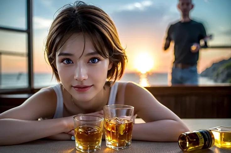 (Realistic, 超Realistic:1.4), 16k hdr, High resolution,Brown short hair,The best smile、Japanese actress,Super Beauty(Like the real thing),Short sleeve dress,Whiskey bottles、The Macallan、Johnnie Walker、、Old Parr、whiskey、Suntory、Nikka、Slim Couple、Model Couple...