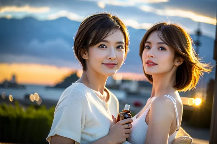 (Realistic, 超Realistic:1.4), 16k hdr, High resolution,Brown short hair,The best smile、Japanese actress,Super Beauty(Like the real thing),Short sleeve dress,Whiskey bottles、The Macallan、Johnnie Walker、、Old Parr、whiskey、Suntory、Nikka、Slim Couple、Model Couple...