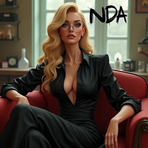 a long blonde hair adult female wearing royal black gown, muscular body, long sleeve shirt, mannered fashion, wearing eyeglasses, short neck, sitting on a sofa, vintage laboratory as background, masterpiece, award-winning 3d cartoon, correct proportion, hy...