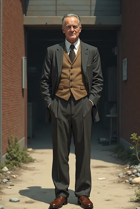 Front view, standing pose, on ground , front factory, looking at viewer, 1930 years, Germany White man , His name is  Foerster,  Schindler of Japan,  40-age over, ( brown hair, short hair, small lip, little smile),(normal body, 1930 years old  fashion, bus...