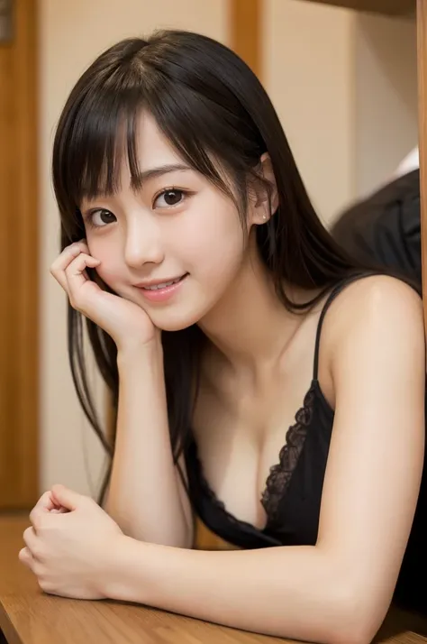 One Girl,Has bangs,Very cute and beautiful Japanese teen actress,Highly detailed beautiful face, View your viewers,smile,Happy,Beautiful feet,alone,Cleavage, Cute girl&#39;s floral blue one-piece dress、With fine frills,Fine lace, Cute  room background,Real...