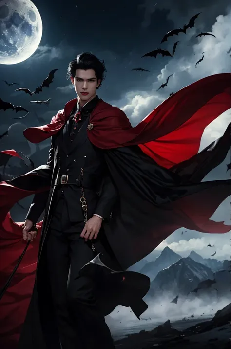 Highest quality,masterpiece,A crescent moon glimpsed among the drifting clouds,A Western castle glowing mysteriously in the darkness of the night,Bats flying around,Jet black silk cloak,The lining is crimson,Black formal suit,A pale-skinned young man in hi...