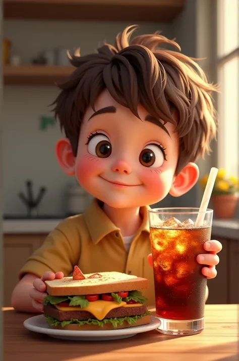 A boy eating a sandwich and a glass of cola drink