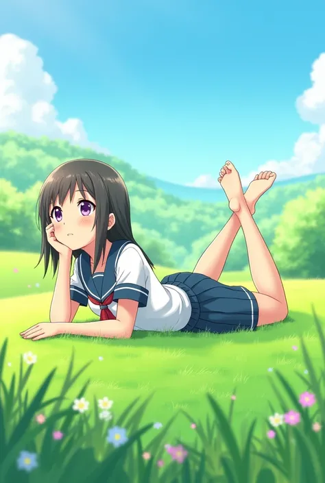 Anime girl in school uniform lying on her stomach on grass 