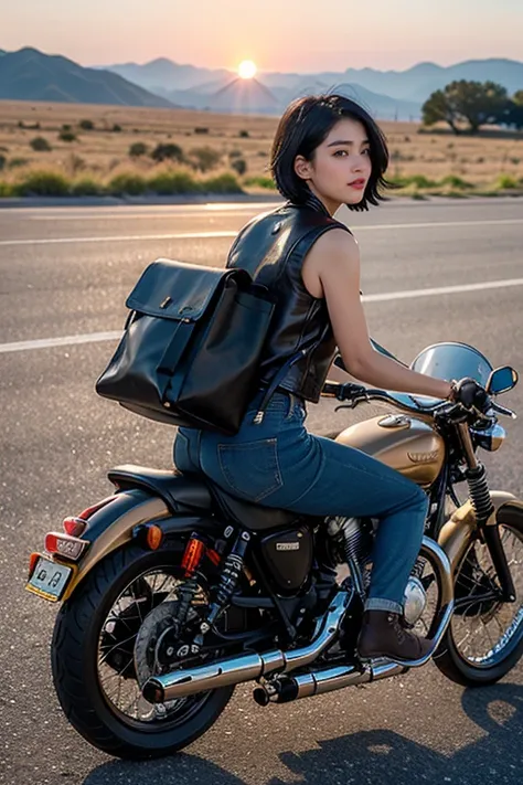 Short-haired woman with black hair, Brown eyes, Riding a black vintage motorcycle , She is wearing a sleeveless leather vest, Jeans and boots, He has a military backpack on his back、wilderness, The landscape is semi-arid、the ground is cracked、 The sun is r...