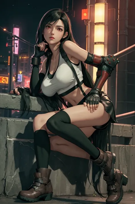 tifa lockhart, final fantasy vii,,ankle boots, black hair, black skirt, black knee socks, big breasts, cityscape, crop top, elbo...