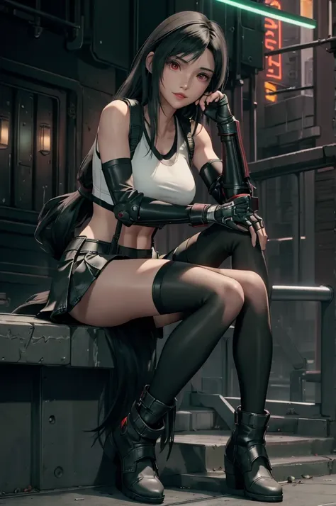 tifa lockhart, final fantasy vii,,ankle boots, black hair, black skirt, black knee socks, big breasts, cityscape, crop top, elbo...