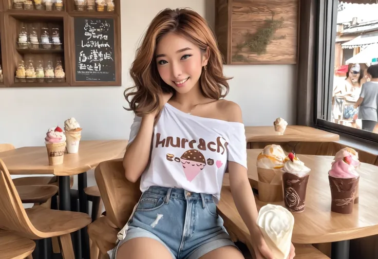 cute yuna (T Shirt off shoulders, no bra, short shorts, age 25), is happily enjoying a chocolate Sunday. She is flirting with viewer, ice cream shop