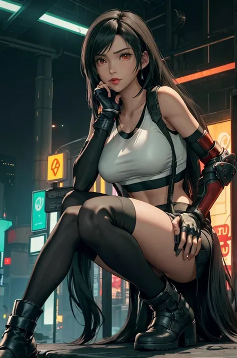 tifa lockhart, final fantasy vii,,ankle boots, black hair, black skirt, black knee socks, big breasts, cityscape, crop top, elbo...