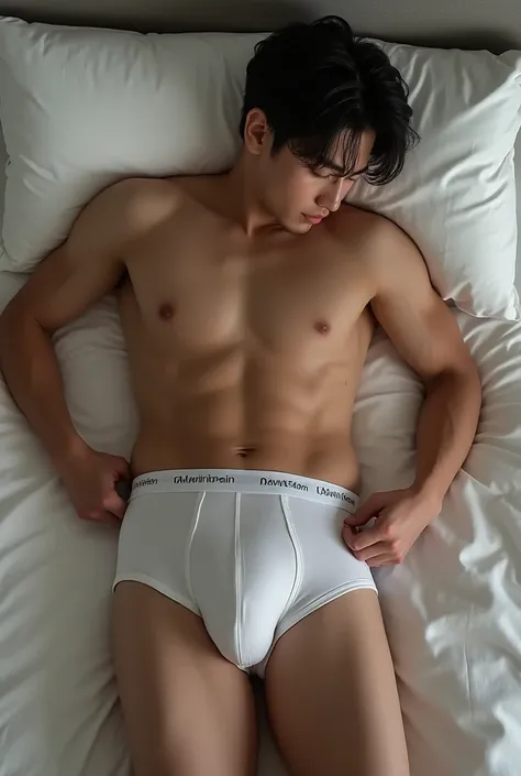 Sunghoon from ENHYPEN wearing very tight calvin klein boxers with no shirt no blur no body hair very big hard buldge, rubing his cock thru his boxers,  laying on his bed