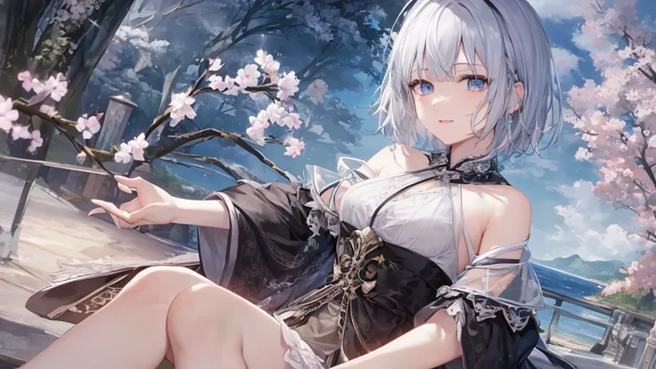 Ultra HD,Look at the viewers, and, 20-year-old, 非常にshort hair, Long bangs between the eyes, Pale blue eyes, Very detailed,(masterpiece、Highest quality),Gray Hair、Laughter、wonderful, Silver Hair, iris, short hair、Small face、明るいsmile、(Detailed face) ,Profess...