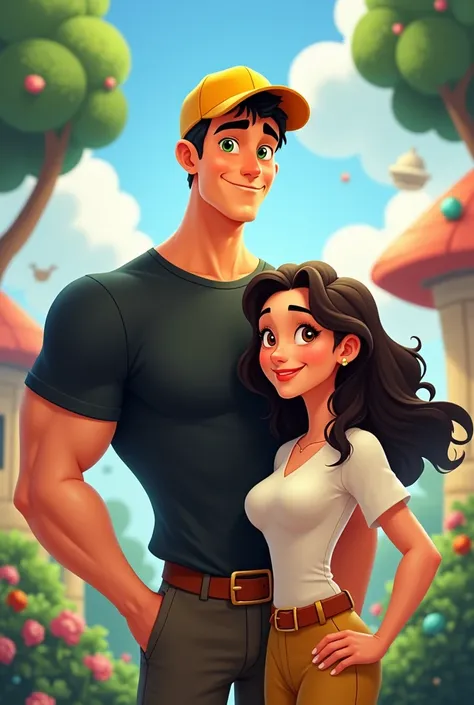 Disney cartoon with a tall man, Not much beard, with yellow cap, green eyes, black shirt, muscular. And a little woman, long dark brown hair, brown eyes and white blouse 