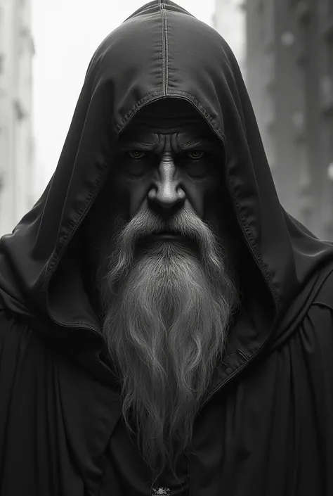 I want an imposing image of Odin wearing a hood in high resolution in black and white