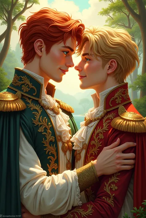 Create a drawing for me of two gay lovers, one being redhead and the other blond boy. Make them fall in love please.I would like a more realistic drawing and them looking forward, as if they were taking a photo. The two prince dresses