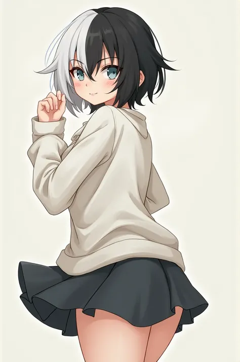 A small but not so small 1 boy with big hips and a small waist with black and white hair a little effeminate and wearing a skirt and a little blush in the 