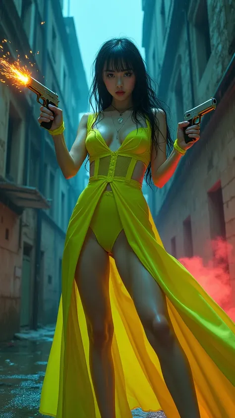 woman in yellow dress holding two guns in a alley, iu lee ji-eun as a super villain, with pistol,(Sparks fly from the gun in his right hand: 1.4), (Sparks fly from the gun in his left hand; 1.4) 8K Artgerm Bokeh, Ross Tran 8 K, cinematic shot ar 9:16 -n 6 ...