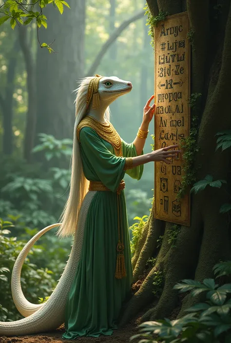 Reptile with white scales and long caudae green eyes,  She wears gold Egyptian accessories and a green blouse that covers her chest. She touches the trunk of a huge tree.,  unknown letters appear in it.
She walks through a dense forest