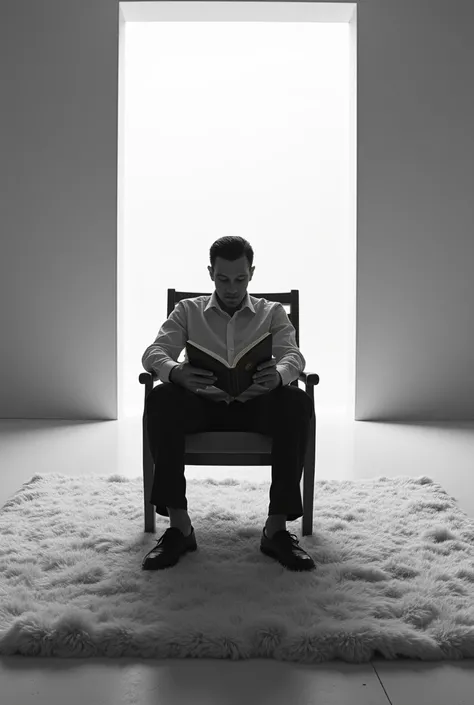 I want an image of a white room set in the 80s; in black and white, illuminated and with a large carpet and in the middle there is a man sitting on a wooden chair holding an open book. From the book a hand comes out offering a gun to its reader..