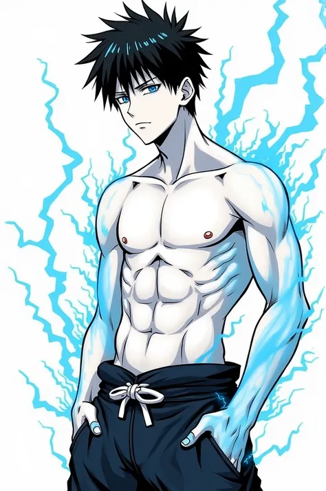 Jujutsu Kaisen Manga Art Style, Manga, Pen, 20 Year Old Adult Male, Shirtless, Harem Pants, Blue Lightning, Black Hair, Blue Eyes, Black and White