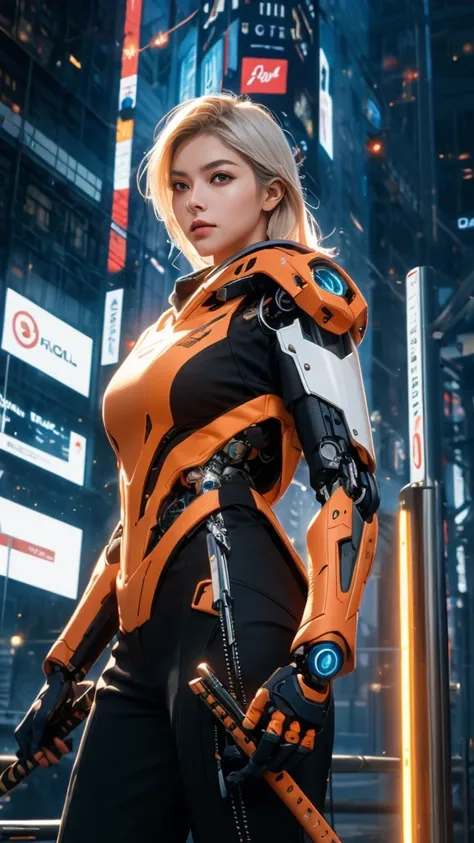 1girl, a beautiful girl cyborg cyberpunk with a cyberpunk city tall buildings, white hair, cybermask, white and orange and black machine suit color combination, the body full of machine, realistic futuristic hologram, asian skin tone, beautiful eye, beauti...