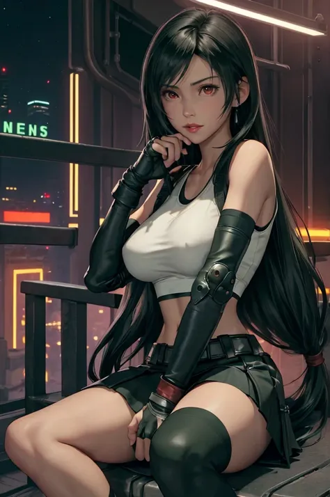 tifa lockhart, final fantasy vii,,ankle boots, black hair, black skirt, black knee socks, big breasts, cityscape, crop top, elbo...