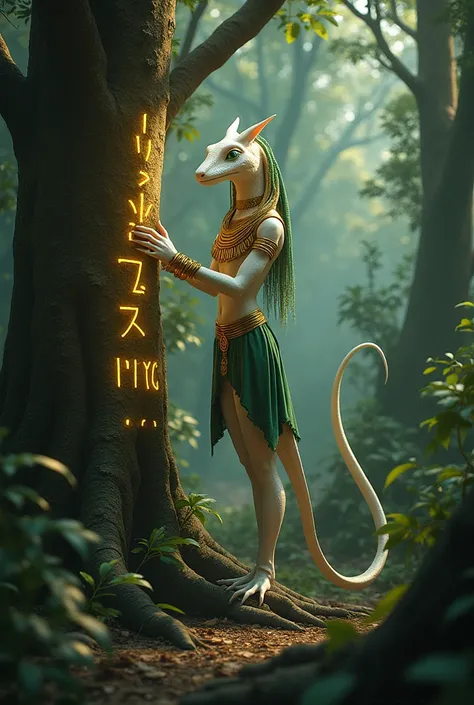 Reptile with white scales and long caudae green eyes,  She wears gold Egyptian accessories and a green blouse that covers her chest. She touches the trunk of a huge tree.,  in it unknown letters appear brightly on the trunk She walks through a dense forest