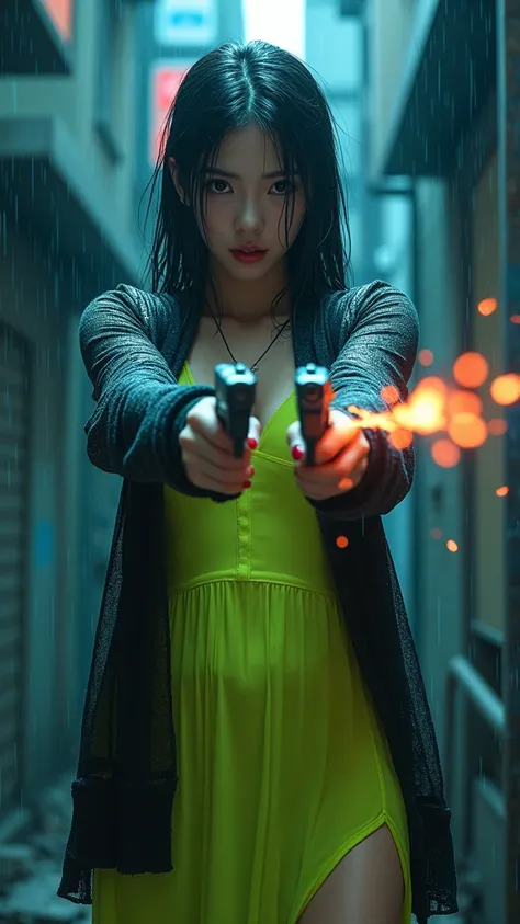 woman in yellow dress holding two guns in a alley, iu lee ji-eun as a super villain, with pistol,(sparks fly from the gun in his right hand proyectil: 1.4), (sparks fly from the gun in his left hand proyectil; 1.4) 8k artgerm bokeh, ross tran 8 k, cinemati