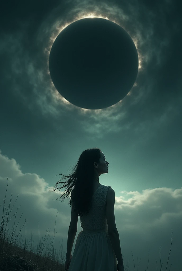 WOMAN LOOKING AT A BLACK SUN IN THE SKY