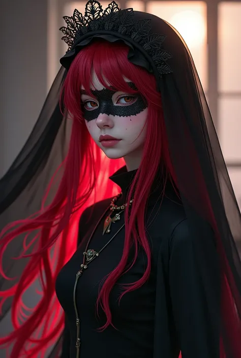 Student of the Jujutsu Technical School. His appearance is shrouded in an air of dark romanticism and hidden power.. Her hair is a vibrant shade of red and long., cascading down gently and dramatically, with a black band covering his eyes, resulting in a s...