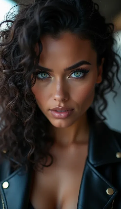  The image is a stylized portrait of a woman with curly hair, blue eyes, and a black leather jacket. She has a serious expression and is looking directly at the camera.