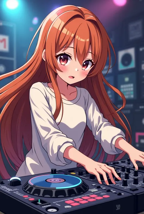 A girl in anime style , dj, on the soundboard, mixing a song, light and loose clothes, long and full canelos,