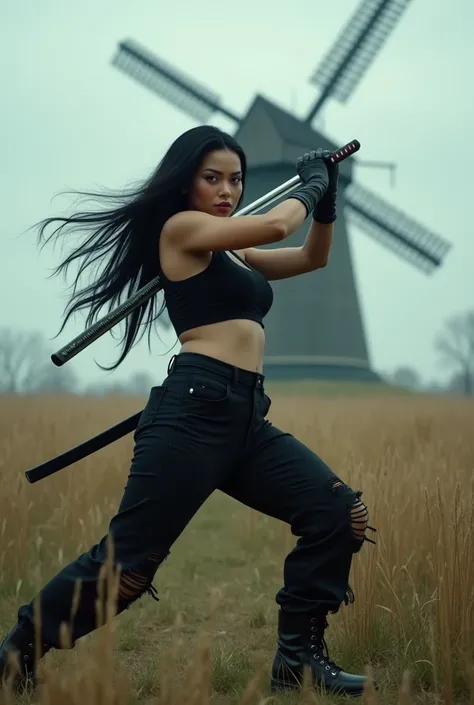 (photorealism:1.2), potrait cinematic,a curvy woman with long black hair, wearing a black tank top, torn black trousers, boots. posing while swinging a katana sword, a place of tall grassy fields, there is a big windmill visible, cloudy sky,