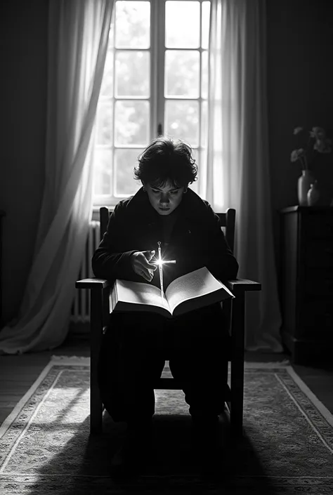 I want an image of a room set in the 80s; in black and white, lit by a window and with a large rug and in the middle there is a man sitting on a wooden chair holding an open book. Inside the book there is a hand offering a weapon to its reader..