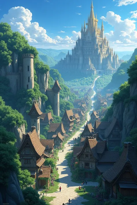 Here is the description in Indonesian with the additions you provided.:

---

**Illustration Prompt:**

**Arrangement:** A large village that almost resembles a small town, with sturdy houses made of stone with roofs decorated with intricate designs. The v...