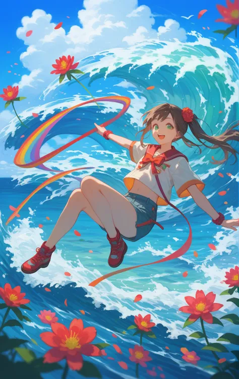 1 girl，Brown side ponytail，Green eyes，Blue sky and white clouds，Lots and lots of colorful flying flowers，粉色Flowers，白色Flowers，Red words，Flowers，Open mouth smile，hapiness，dynamic，Half Body，Wave，（Flower 1.5），Detailed facial depiction