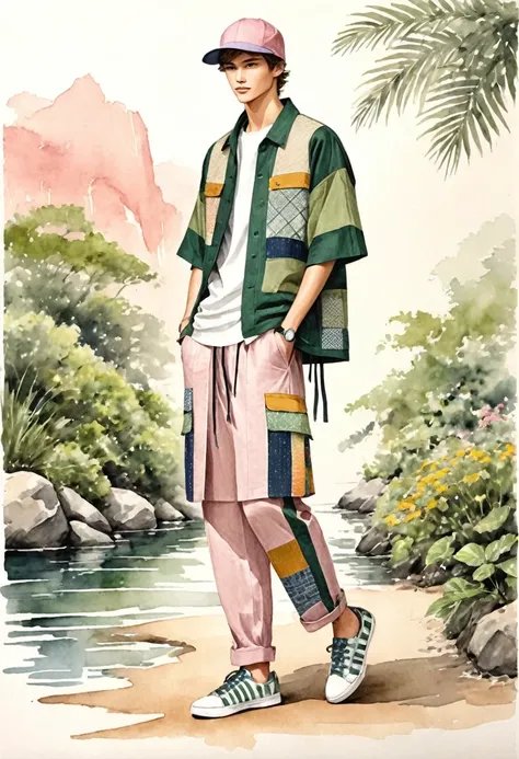 candid fashion illustration of young male supermodels, 20 year old, tall and slender, ((showcase in fashion sketches front and back symmetrical outfits)),fashionable linen outfits in front and back view, inspired by modern and elegant style, (presenting in...