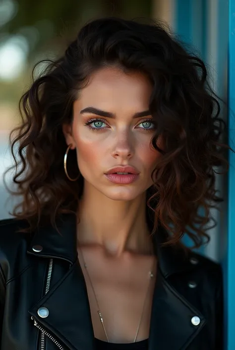  The image is a stylized portrait of a woman with curly hair, blue eyes, and a black leather jacket. She has a serious expression and is looking directly at the camera.Alta resolución, Ojos rojos, 8k octanos, 