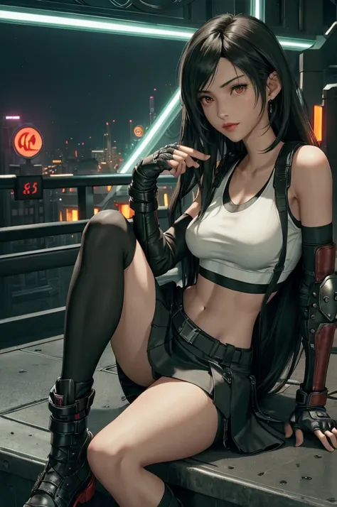 tifa lockhart, final fantasy vii,,ankle boots, black hair, black skirt, black knee socks, big breasts, cityscape, crop top, elbo...