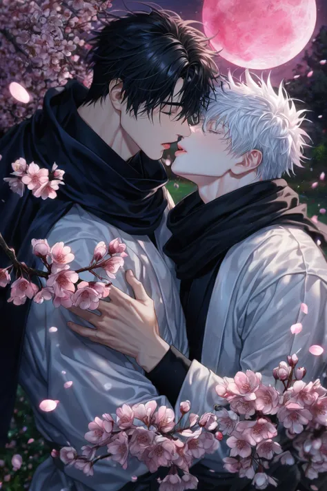 absurdres, highres, ultra detailed, HDR) master piece, best quality, extremely detailed, detailed eyes, detailed face, Kang Woojin, black hair, messy hair, closed eyes, hair between the eyes, Love Jinx, Gojou Satoru, white hair, closed eyes, white eyelashe...