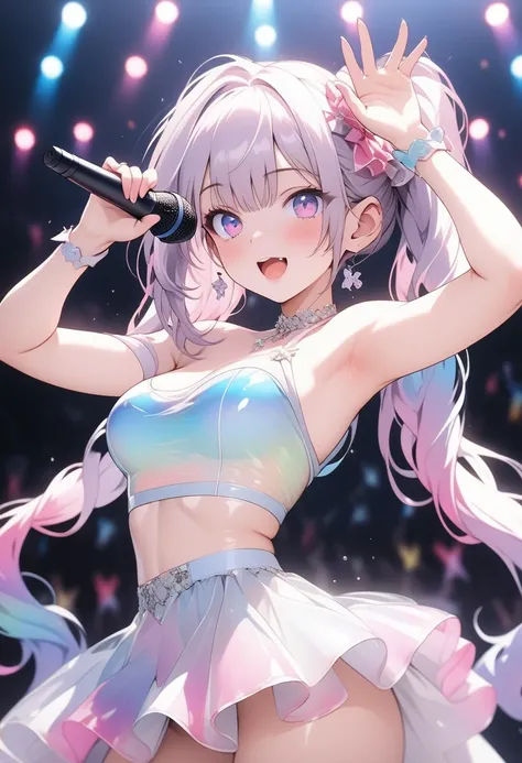 ,solo, light purple eyes,{{{{colorful Eye}}}},open mouth,unparalleled masterpiece,{{perfect female figure}},off-shoulder idol dress, arm up, armpits, midriff, holding microphone, concert, spotlight, glowstick, {{{best quality, very aesthetic, ultra-detaile...