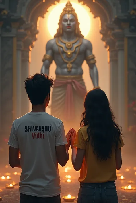 A young couple pray to mahakal with wear the clothes and boys t shirt name shivanshu and girl t shirt name vidhi 