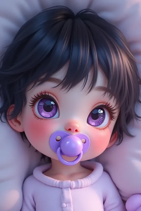 Create a 2D character, child with a purple pacifier in his mouth, your skin tone will be white, he will have black hair and lilac eyes, 