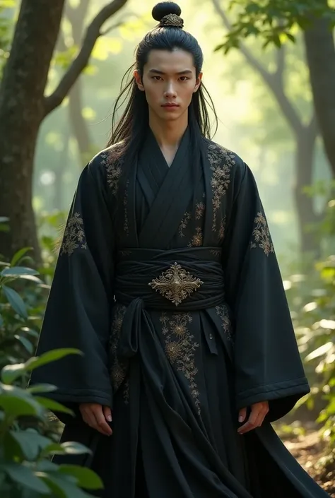 20-year-old boy,Wearing a black ancient Chinese costume,Grandmaster of Alchemy,in the forest,high resolution, , black hair, 3D rendering, My hair, 