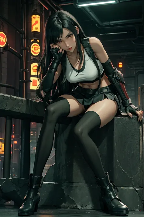 tifa lockhart, final fantasy vii,,ankle boots, black hair, black skirt, black knee socks, big breasts, cityscape, crop top, elbo...