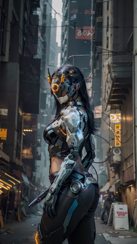 1girl, a beautiful girl cyborg cyberpunk with a cyberpunk city tall buildings, white hair, cybermask, white and orange and black machine suit color combination, the body full of machine, realistic futuristic hologram, asian skin tone, beautiful eye, beauti...