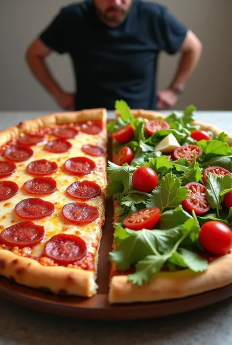 , In front of you, you have two options: the first, eat this entire pepperoni pizza without dropping any piece on the floor. The second... eat a salad." one separately from the other salad."